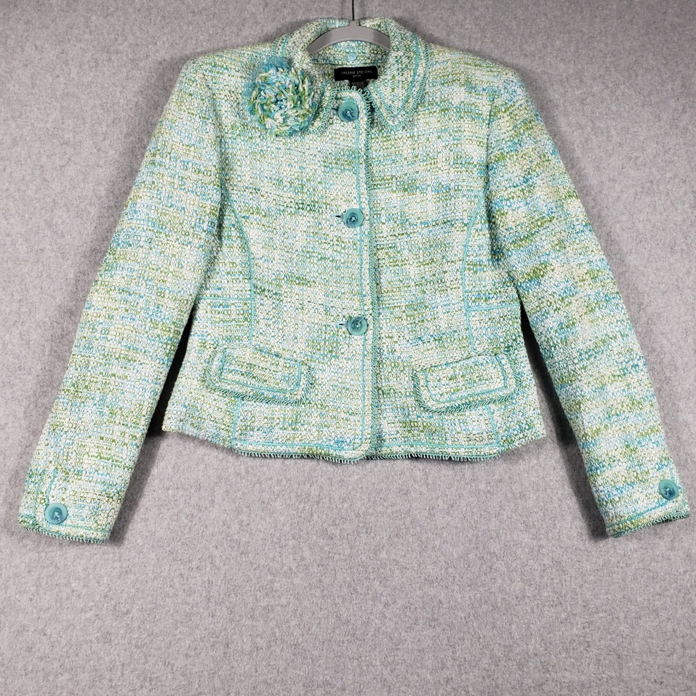 Valerie Stevens 8 P Tweed Skirt Suit Set Mint Blue Green Wool Blend Glamouratti - Picture 15 of 16
